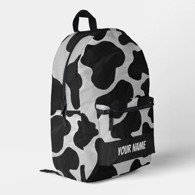 Black and White Cow Pattern Monogram Printed Backpack (Back Corner Left)