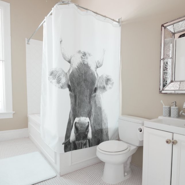 Black and White Cow Portrait Shower Curtain (In Situ)