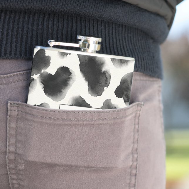 Black and White Cow Print Pattern Hip Flask (In Situ)