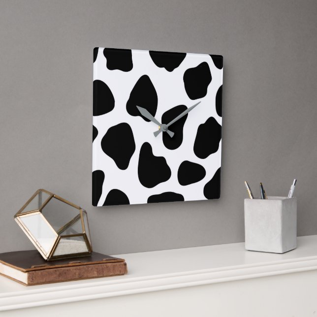 Black And White Cow Print Square Wall Clock (Office)