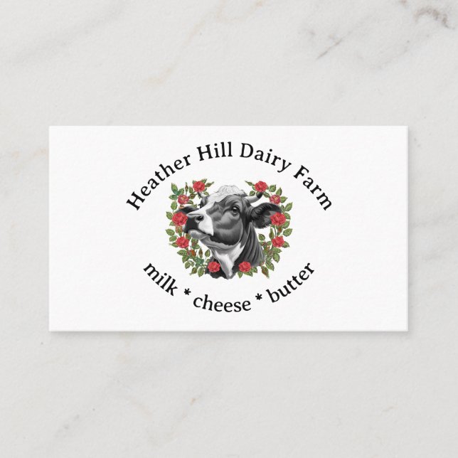 Black and White Cow Rose Wreath Dairy Farm  Business Card (Front)