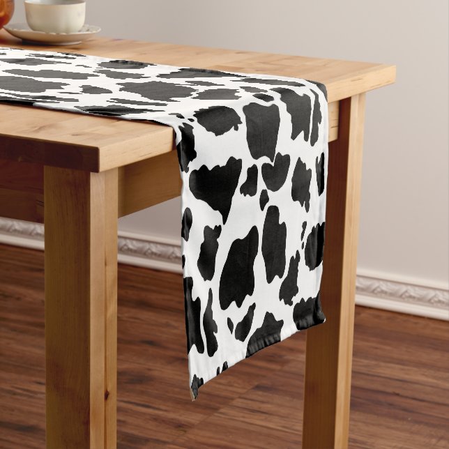 Black and White Cow Skin Animal Print Short Table Runner (In Situ)