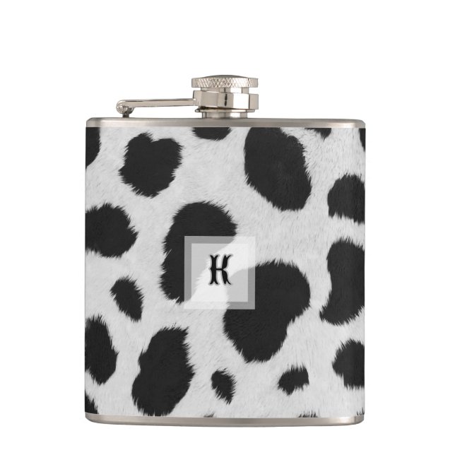 Black and white cow spots pattern faux fur texture hip flask (Front)