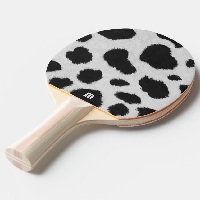 Black and white cow spots pattern faux fur texture ping pong paddle (Back Angle)