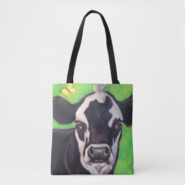Black and White Cow with Kelly Green Tote Bag (Front)