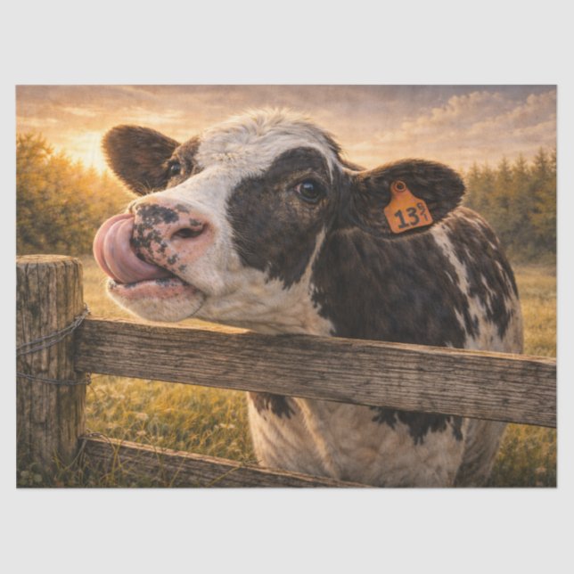 Black and White Cow with Tongue up Her Nose  Tissue Paper (Front)
