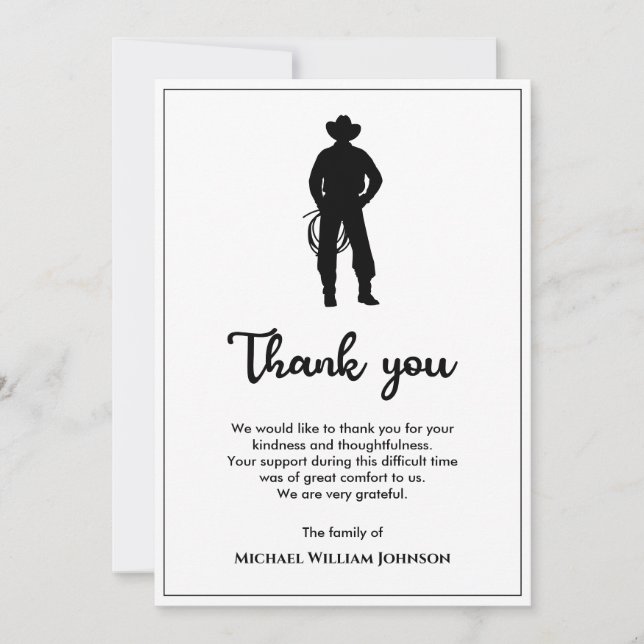Black And White Cowboy Lasso Funeral Memorial Thank You Card (Front)