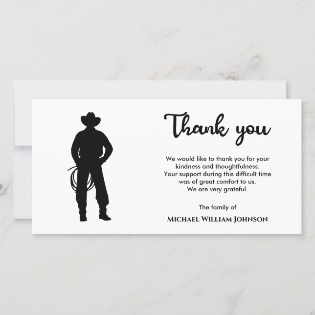 Black And White Cowboy Lasso Memorial Funeral Thank You Card (Front)