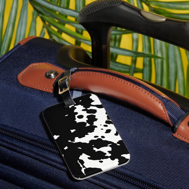 Black and White Cowhide Cowboy Print Luggage Tag (Front Insitu 1)