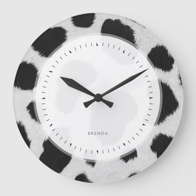 Black And White Cowhide faux fur pattern Large Clock (Front)