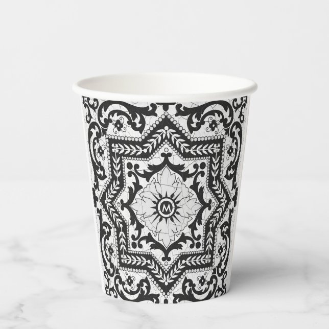 Black and White Cracked Ceramic Style Azulejo Paper Cups (Back)