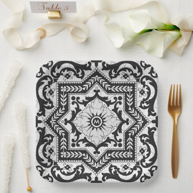 Black and White Cracked Ceramic Style Azulejo Paper Plate (Wedding)