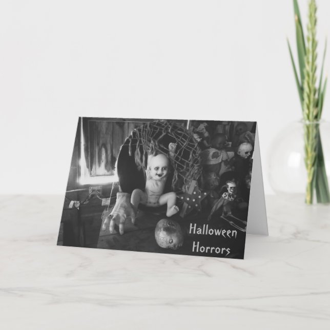 Black and White Creepy Baby Doll Halloween Card (Front)