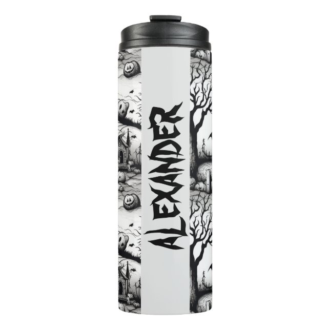 Black and White Creepy Scary Halloween Cartoon Thermal Tumbler (Front)