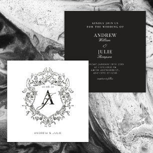 Black and white crest frame wedding invitation