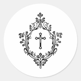 Black and White Cross in Crest Vintage Religious  Classic Round Sticker