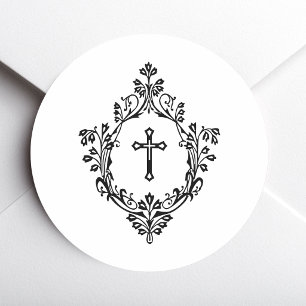 Black and White Cross in Crest Vintage Religious  Classic Round Sticker