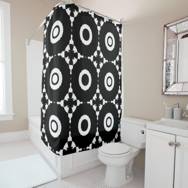 Black and White Crosses and Circles Shower Curtain (In Situ)