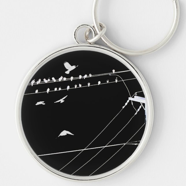 Black And White Crows And Wires Key Ring (Front)