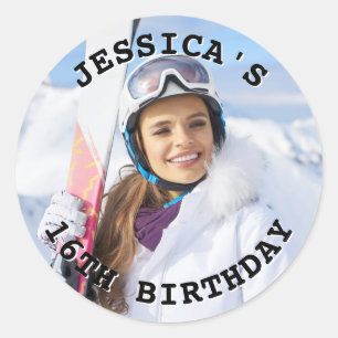 Black and White Curved Text Family Photo Birthday Classic Round Sticker