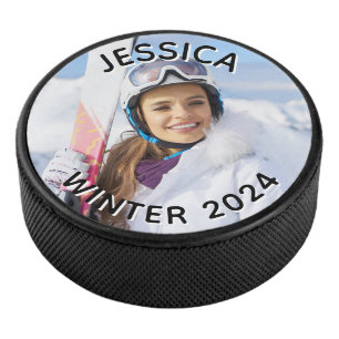 Black and White Curved Text Family Photo Hockey Puck