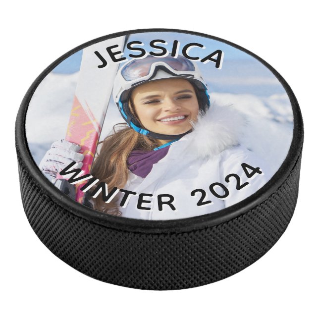 Black and White Curved Text Family Photo Hockey Puck (3/4)