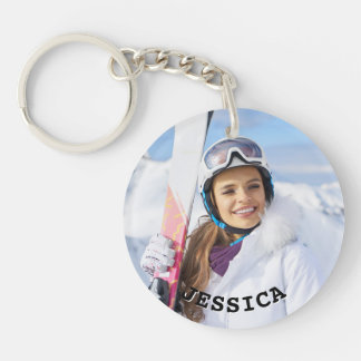 Black and White Curved Text Family Photo Key Ring