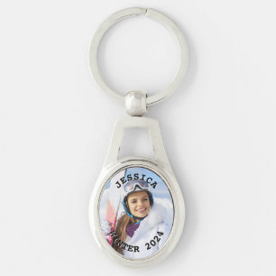 Black and White Curved Text Family Photo Key Ring