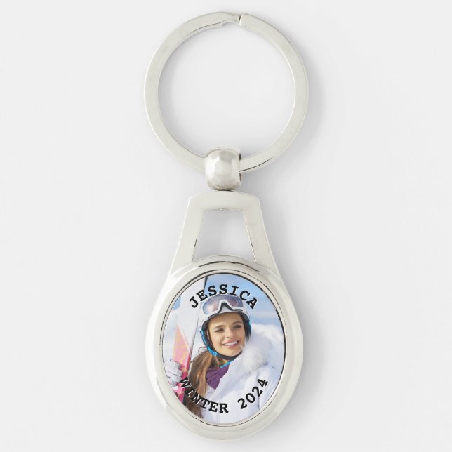 Black and White Curved Text Family Photo Key Ring (Front)