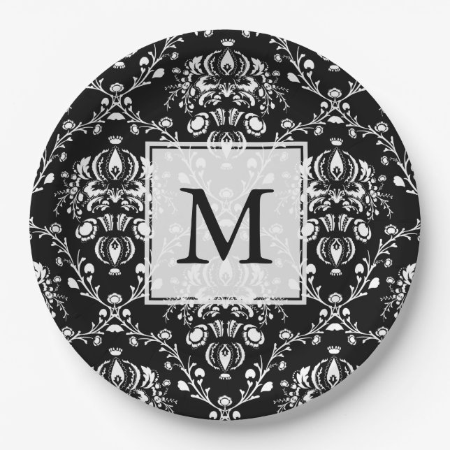 Black and White Custom Damask Paper Plate (Front)