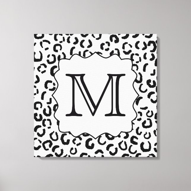 Black and White Custom Monogram Leopard Print. Canvas Print (Front)