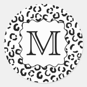 Black and White Custom Monogram Leopard Print. Classic Round Sticker