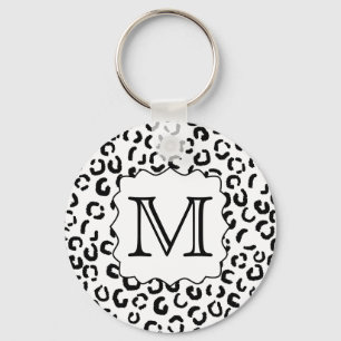 Black and White Custom Monogram Leopard Print. Key Ring