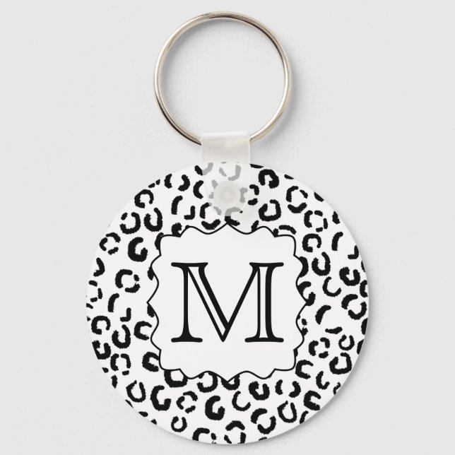 Black and White Custom Monogram Leopard Print. Key Ring (Front)