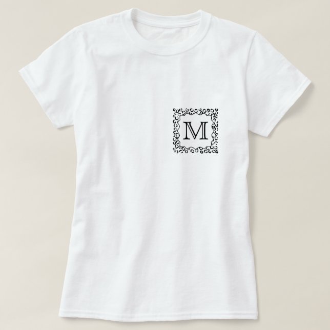 Black and White Custom Monogram Leopard Print. T-Shirt (Design Front)