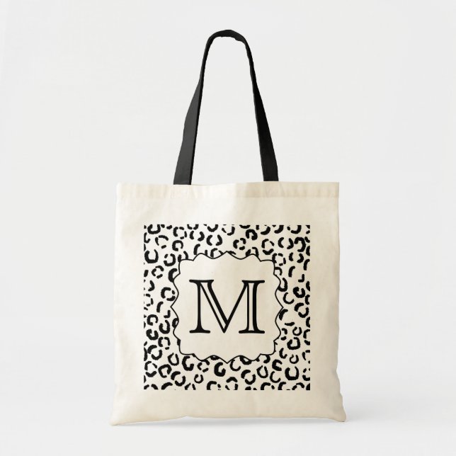 Black and White Custom Monogram Leopard Print. Tote Bag (Front)
