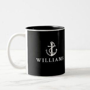 Black And White Custom Name Nautical Boat Anchor Two-Tone Coffee Mug