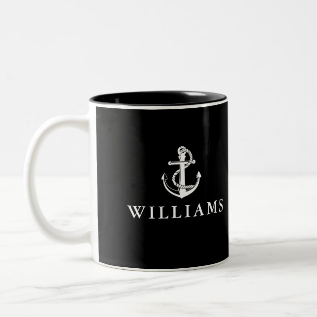 Black And White Custom Name Nautical Boat Anchor Two-Tone Coffee Mug (Left)