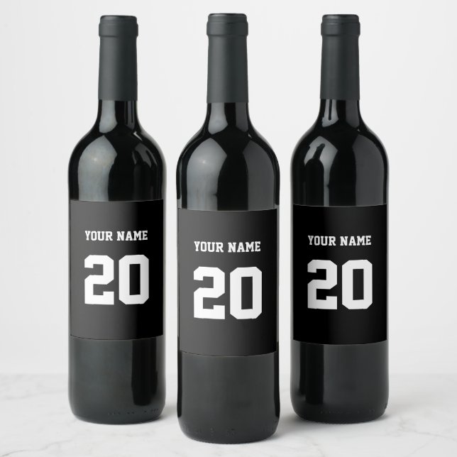 Black and White Custom Number and Name Wine Label (Bottles)