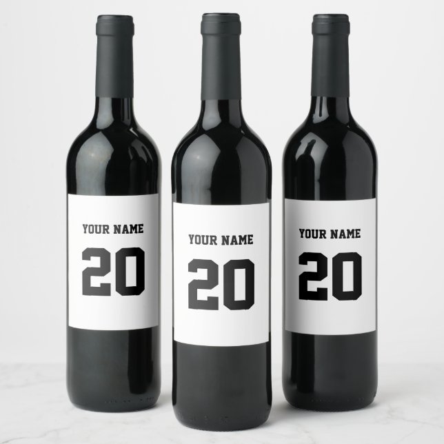 Black and White Custom Number and Name Wine Label (Bottles)