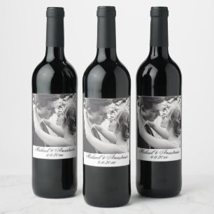 Black and White Custom Photo Wedding favour Wine Label