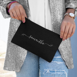 Black and White Cute Bow Signature Name Accessory Pouch