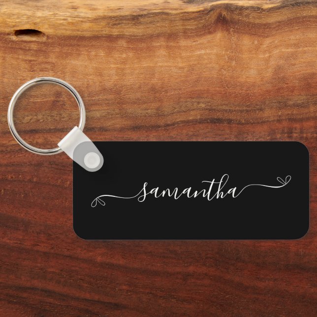 Black and White Cute Bow Signature Name Long Key Ring (Back)