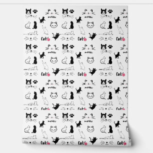 Black And White Cute Cats And Paws Illustrations Wallpaper