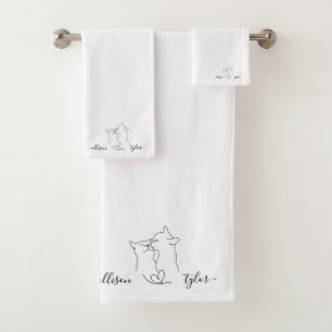 Black and White Cute Cats Wedding Couple Gift Name Bath Towel Set