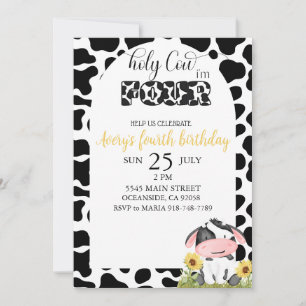 black and white cute cow fourth birthday invitation