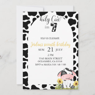 black and white cute cow seventh birthday  invitation