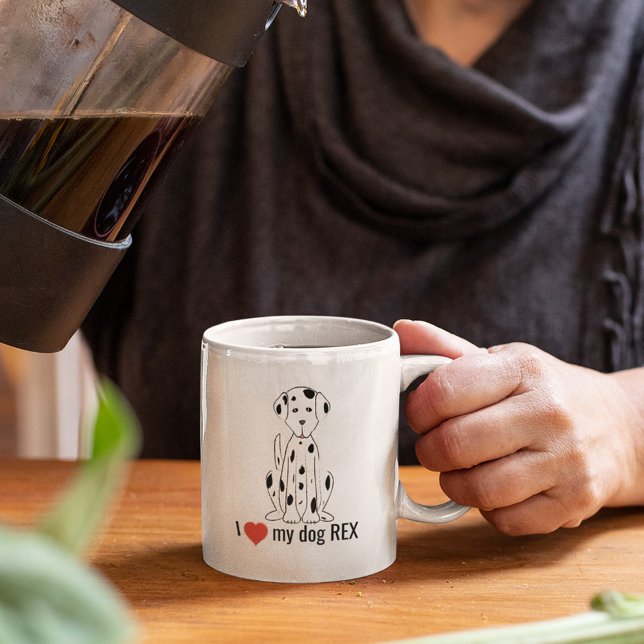 Black and White Cute Dog Red Heart Whimsical Coffee Mug (I love my dog custom personalized mug)