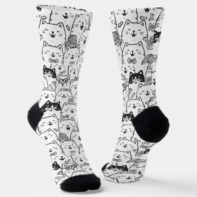 Black and White Cute Doodle Cat Face Pattern Socks (Angled)