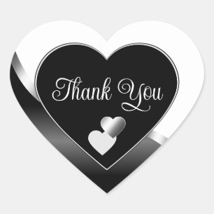 Black and White Cute Hearts Wavy Silver Thank You Heart Sticker